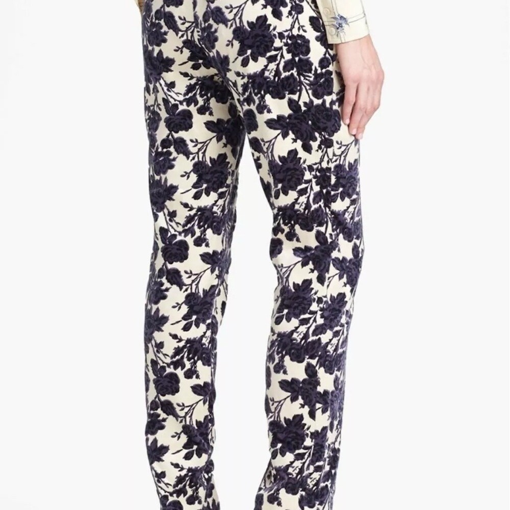 Tory Burch Floral Velvet Burnout Trousers Navy Cream Devore Slim Leg Pants